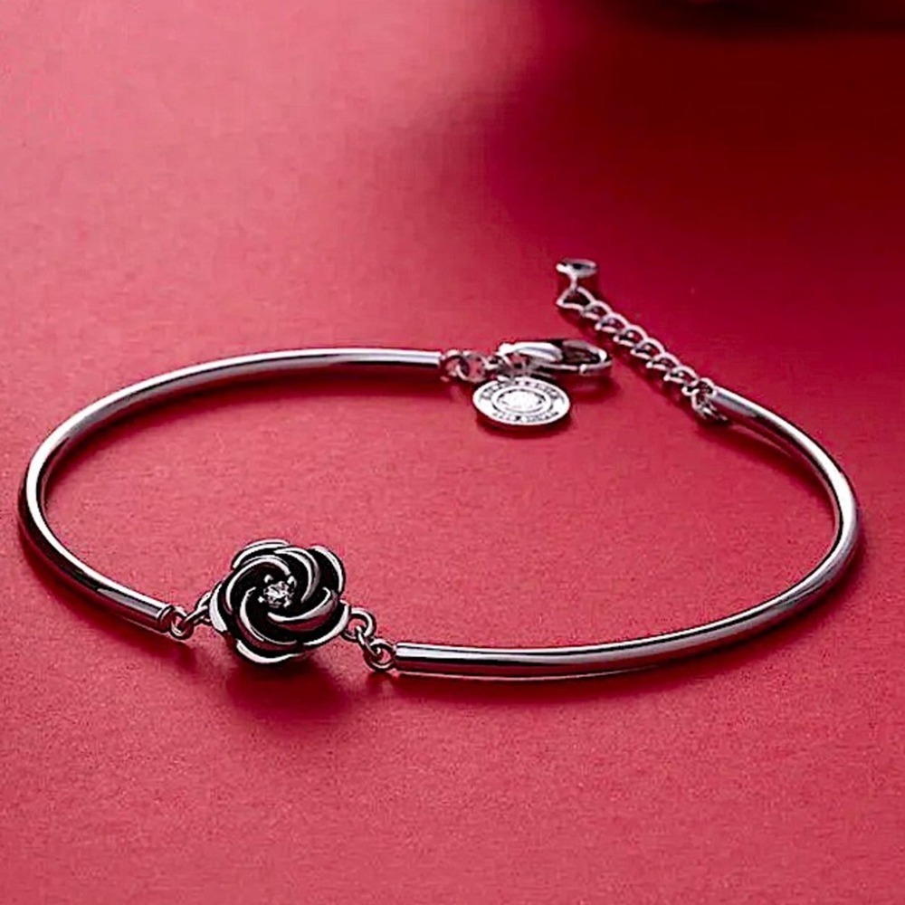 Silver Tone Black Rose Bangle Bracelet Minimalist Floral Tarnish Free Jewelry